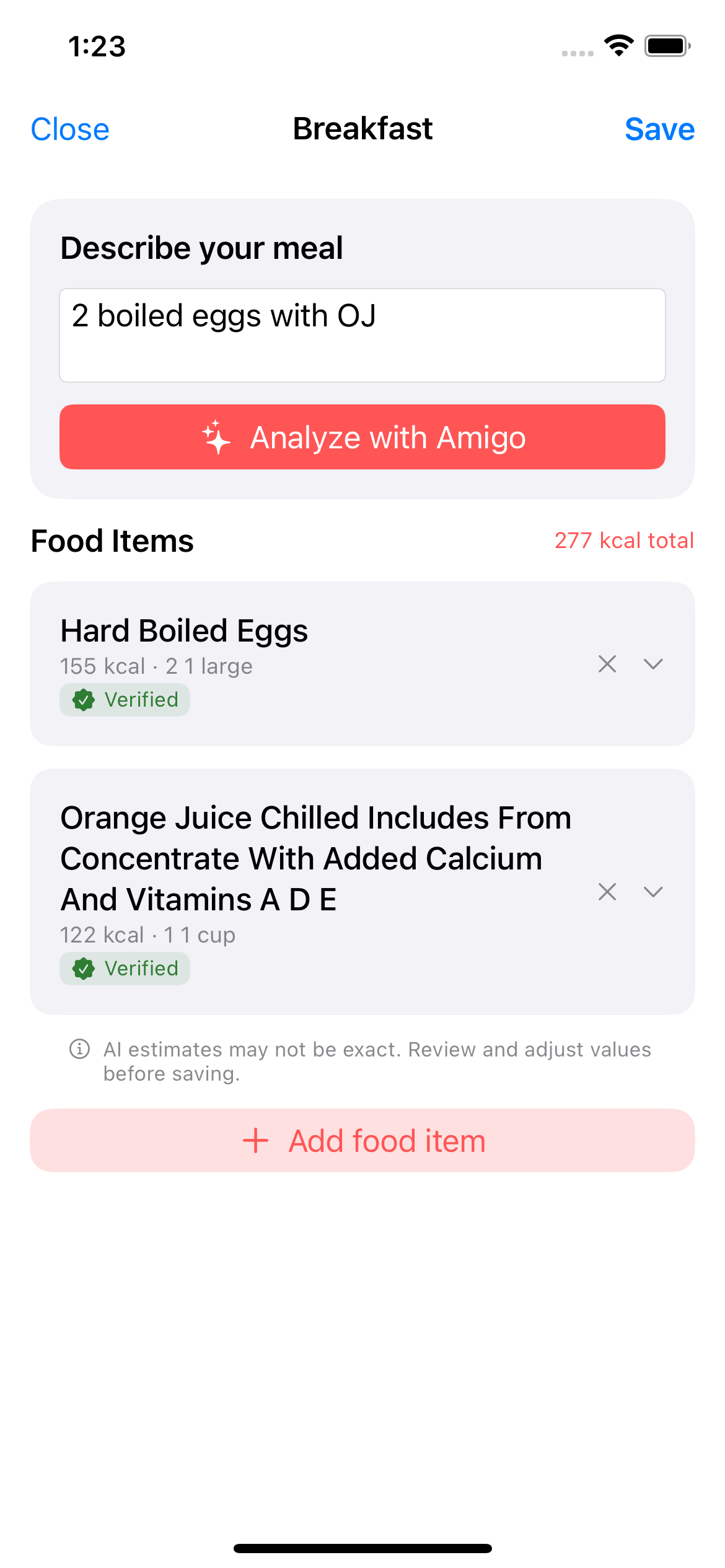 Text meal analysis with USDA data